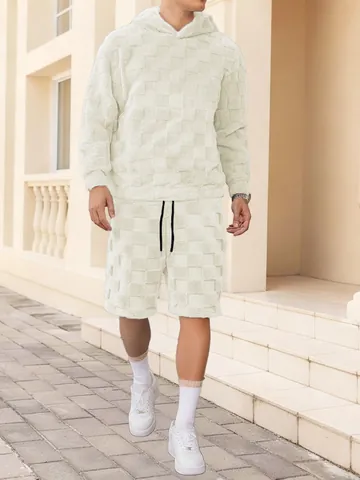 Men Checkered Plush Fleece Hoodie And Shorts Set Casual Winter Loungewear Top And Bottom Outfit