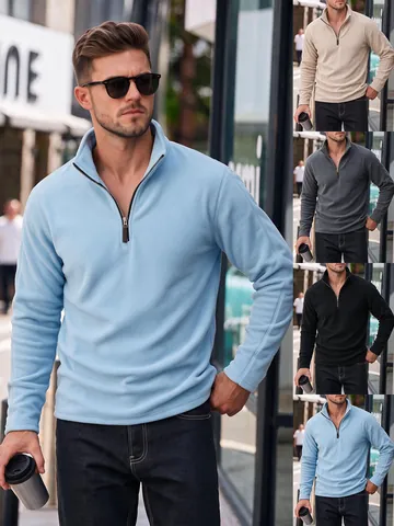 Men Casual Half-Zip Polar Fleece Sweatshirt Solid Color Stand Collar Thick Pullover Top For Autumn Winter Warm Jacket