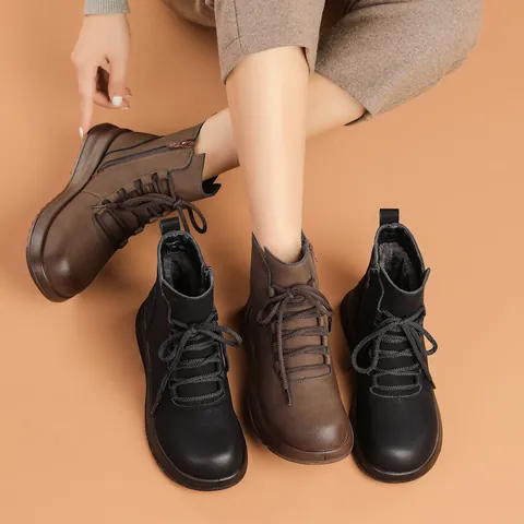 Women Winter Ankle Boots Genuine Leather Warm Fleece Lined Anti-Slip Soft Sole Casual Snow Boots For Middle-Aged Elderly