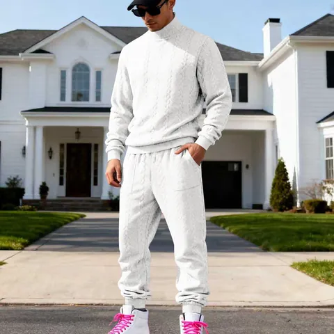 Men's Heavyweight Jacquard Tracksuit Set High Neck Casual Cable-Knit Sweater And Joggers Winter Warm Two Piece Outfits