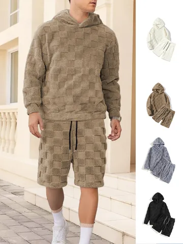 Men Checkered Plush Fleece Hoodie And Shorts Set Casual Winter Loungewear Top And Bottom Outfit