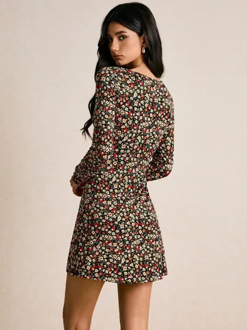 Robe Courte Vintage Romantique à Fleurs pour Femmes Manches Longues Coupe Ajustée Col en V à Lacets Style Vacances