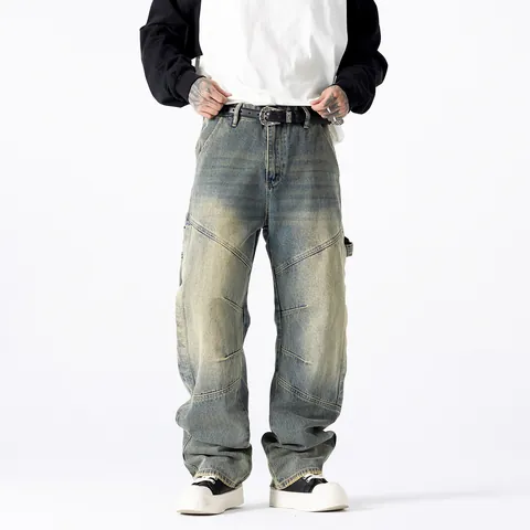 Pantalones Vaqueros de Denim Patchwork de High Street para Hombre Azul Vintage Holgados Rectos de Pata Ancha Estilo Coreano