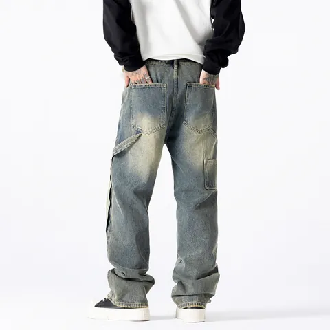 Pantalones Vaqueros de Denim Patchwork de High Street para Hombre Azul Vintage Holgados Rectos de Pata Ancha Estilo Coreano