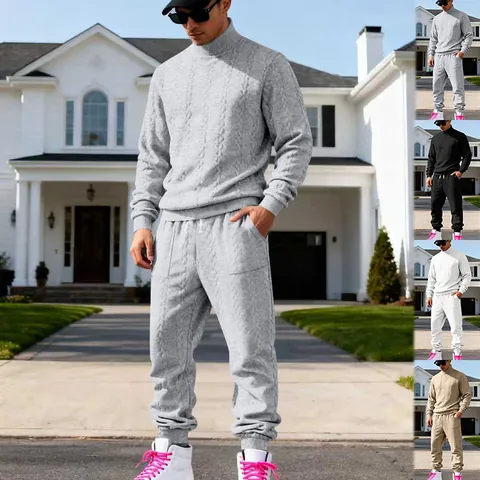 Men's Heavyweight Jacquard Tracksuit Set High Neck Casual Cable-Knit Sweater And Joggers Winter Warm Two Piece Outfits