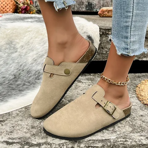 Pantofole in Sughero Casual da Donna a Punta Chiusa Muli in Pelle PU Scamosciata Retro Con Fibbia in Metallo Pantofole Mezze Basse Romane Antiscivolo