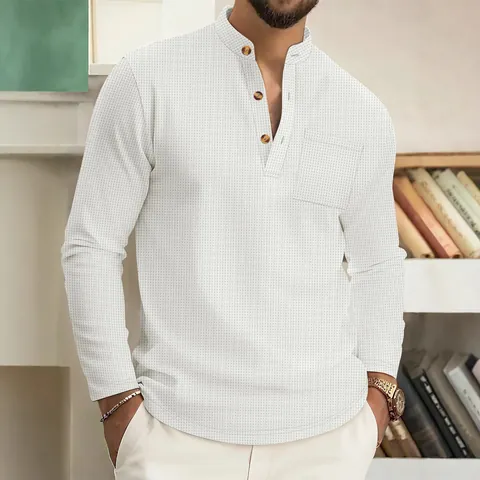 Men's Casual Waffle Knit Long Sleeve Henley Shirt Polyester Solid Color Top With Chest Pocket Basic Fashion T-Shirt