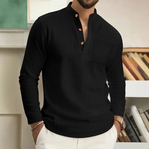 Men's Casual Waffle Knit Long Sleeve Henley Shirt Polyester Solid Color Top With Chest Pocket Basic Fashion T-Shirt