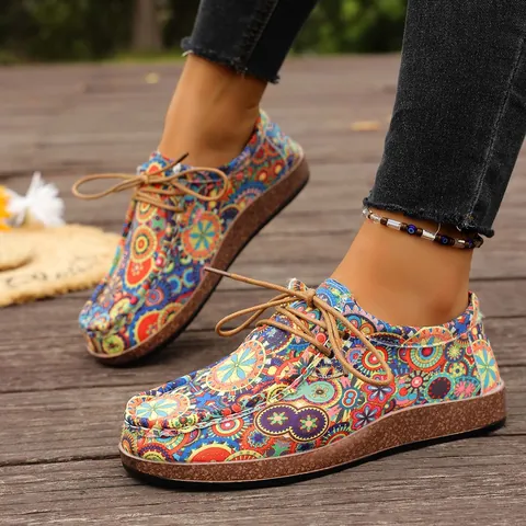 Scarpe Casual da Donna in Pelle PU Stile Etnico Motivo Paisley Graffiti Colorati Lacci Suola Spessa Effetto Legno Scarpe Basse