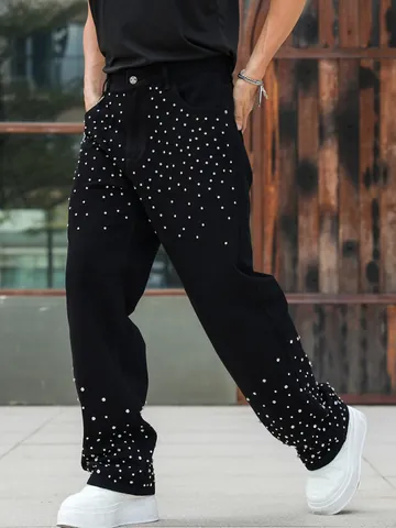 Men's Hip Hop Rhinestone Jeans Loose Straight Leg Black Denim Pants Heavy Craft Inlaid Rhinestone Trousers With Metal Chain For Men