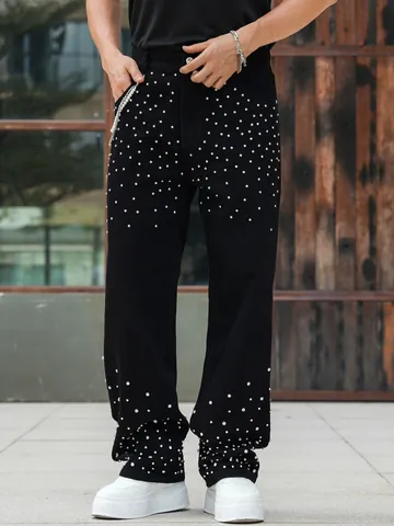 Men's Hip Hop Rhinestone Jeans Loose Straight Leg Black Denim Pants Heavy Craft Inlaid Rhinestone Trousers With Metal Chain For Men