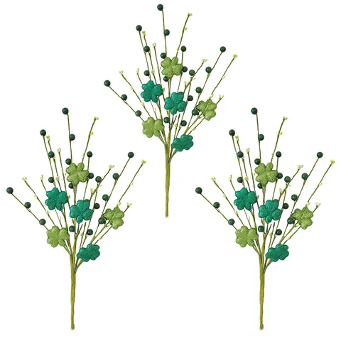 St Patrick's Day Artificial Shamrock Branch Green Glitter Clover Spray With Berries For Festival Home Party Decoration
