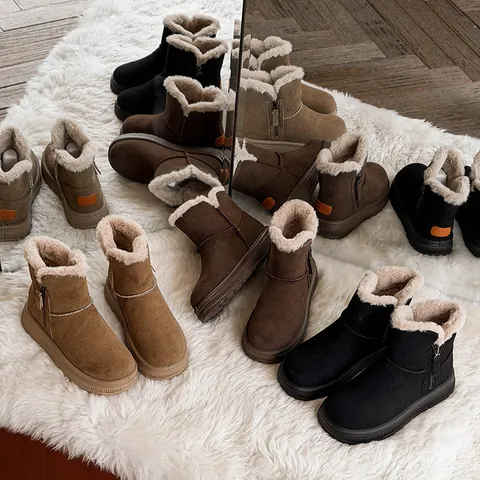 Women Winter Snow Boots Warm Plush Lined Suede Mid-Calf Boots Side Zipper Non-Slip Thick Sole Solid Color Daily Outdoor Cotton Shoes