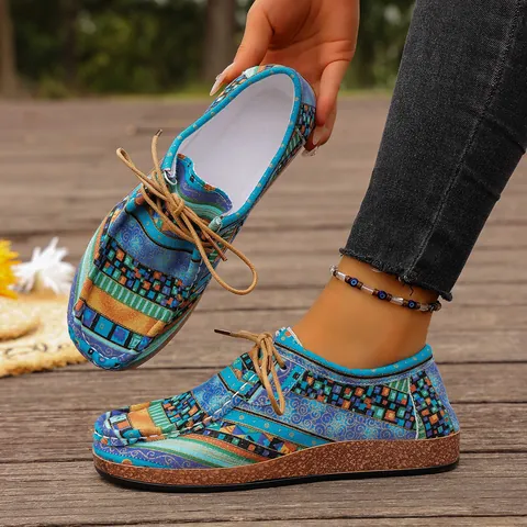 Scarpe Casual da Donna in Pelle PU Stile Etnico Motivo Paisley Graffiti Colorati Lacci Suola Spessa Effetto Legno Scarpe Basse