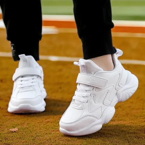 Kids White Sneakers For Boys Girls Breathable Mesh School Sports Shoes Hook-And-Loop Non-Slip Running Shoes For Children