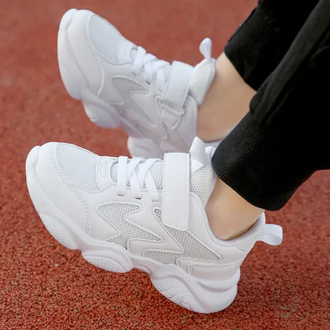 Kids White Sneakers For Boys Girls Breathable Mesh School Sports Shoes Hook-And-Loop Non-Slip Running Shoes For Children