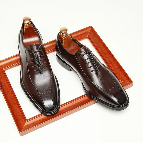Men's First Layer Cowhide Business Formal Derby Shoes Handmade British Style Lace-up Leather Shoes For Wedding Office