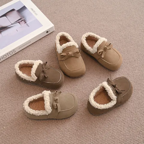 Mädchen Winter Baumwollschuhe Rindswildleder Künstliches Fell Gefüttert Warm Schleife Flach Kleinkind Kinder Lässig Mode Schuhe