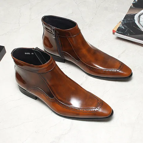 Men British Style Glossy Cowhide Leather Brogue Boots Pointed Toe Mid-Calf Side Zipper Chelsea Boots Non-Slip Formal Shoes