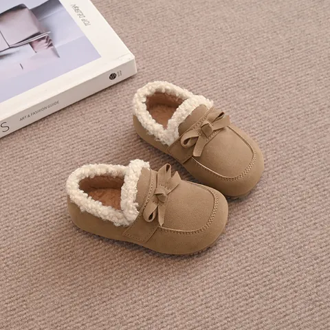 Mädchen Winter Baumwollschuhe Rindswildleder Künstliches Fell Gefüttert Warm Schleife Flach Kleinkind Kinder Lässig Mode Schuhe