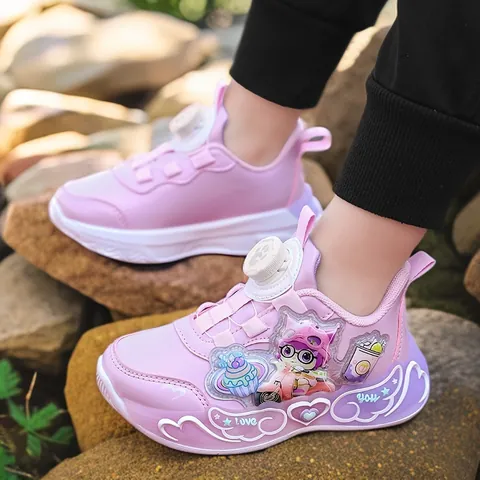 Girls LED Light Up Sneakers 2025 New Rotary Buckle Mesh Breathable Casual Sports Shoes Kids Fashion Cartoon Patch Dad Shoes