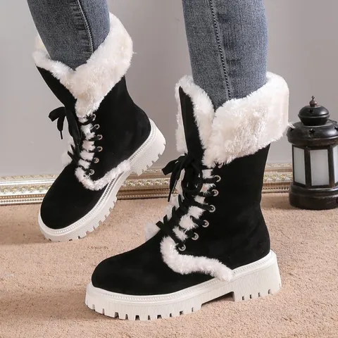 Botas de Nieve de Invierno para Mujer Suela Gruesa Forro de Piel Sintética Cálido Botas de Plataforma con Cordones Antideslizante Color Sólido Algodón