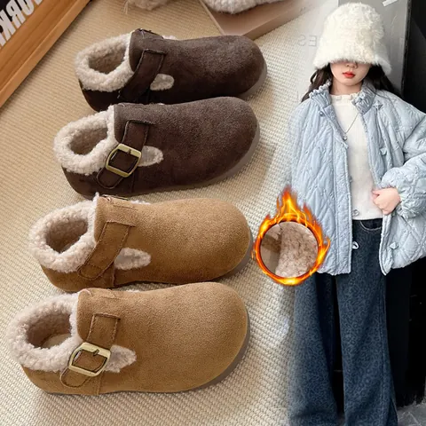 Zapatos de Algodón Cálidos de Invierno para Niños Mocasines Estilo Británico Con Forro de Imitación Lana de Cordero Suela de Caucho