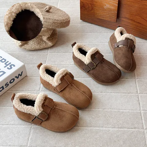 Kids French Retro Suede Birkenstock Style Fleece Lined Winter Cotton Shoes Warm Anti-Slip Metal Buckle Clogs For Girls Boys