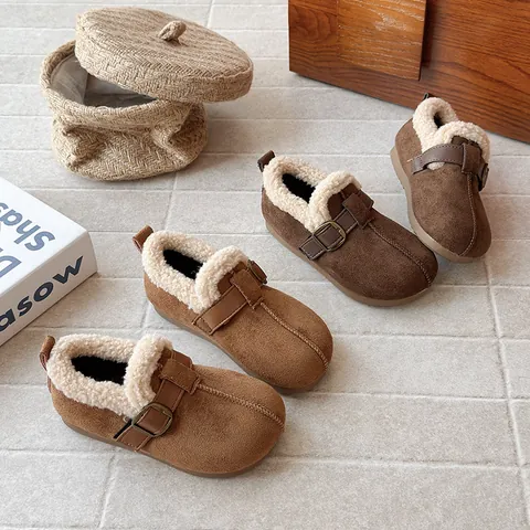 Kids French Retro Suede Birkenstock Style Fleece Lined Winter Cotton Shoes Warm Anti-Slip Metal Buckle Clogs For Girls Boys