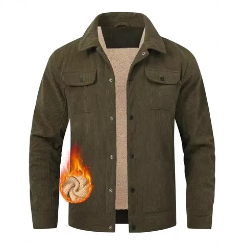Men Casual Corduroy Sherpa Fleece Lined Jacket Warm Single-Breasted Turn-Down Collar Outdoor Outerwear Shacket For Winter Fall