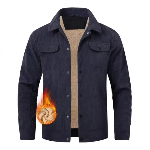 Men Casual Corduroy Sherpa Fleece Lined Jacket Warm Single-Breasted Turn-Down Collar Outdoor Outerwear Shacket For Winter Fall