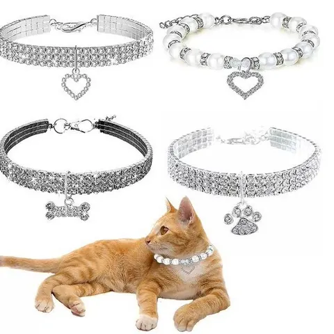 4Pcs Pet Collar Set For Dogs Cats Elastic Rhinestone Pearl Necklace With Heart Bone Paw Pendants Adjustable Puppy Kitten Jewelry