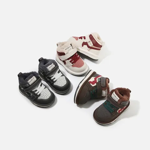 Kids Winter Sneakers Cow Suede Warm Faux Fur Lining High-Top Basketball Shoes Color Block Toddler Walking Shoes For Boys Girls