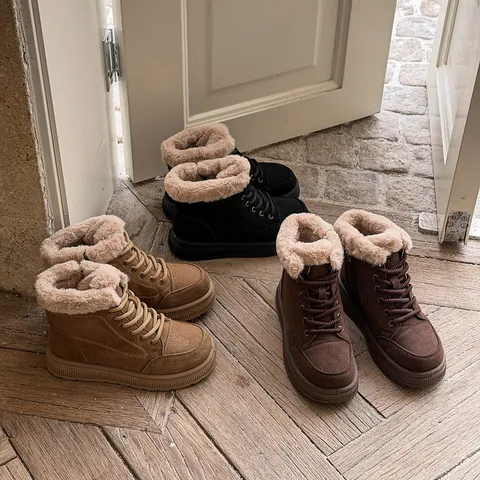 Vintage Women Snow Boots Faux Fur Lined Thick Sole Winter Warm Short Boots Lace Up Round Toe Suede Ankle Boots