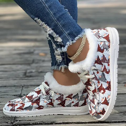 Women's Christmas Gnome Print Winter Warm Cotton Shoes Faux Fur Collar Flat Casual Slip On Loafers Outdoor Comfort Shoes