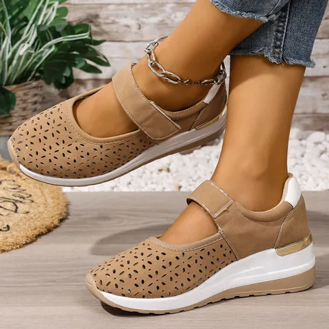 Women's Hollow Out Breathable Wedge Shoes Lightweight PU Leather Hook-And-Loop Platform Sneakers Daily Casual Wedge Shoes