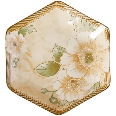Retro Camellia Hexagonal Ceramic Plate Nordic Creative Irregular Deep Dinner Plate For Home Kitchen Breakfast Salad Fruit