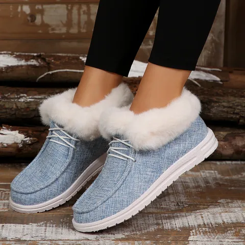 Damen Warme Kunstpelz Gefütterte Segeltuch Loafer Lässige Flache Mokassin Schuhe Winter Komfort Plüsch Sneaker Für Frauen