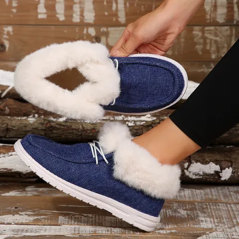 Damen Warme Kunstpelz Gefütterte Segeltuch Loafer Lässige Flache Mokassin Schuhe Winter Komfort Plüsch Sneaker Für Frauen