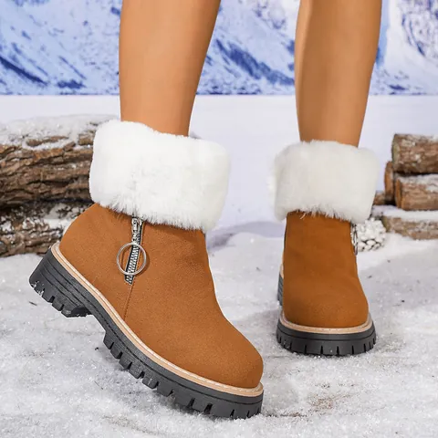 Women Winter Warm Snow Boots Thick Sole Mid Heel Ankle Boots Faux Fur Collar Side Zipper Short Boots For Outdoor Daily