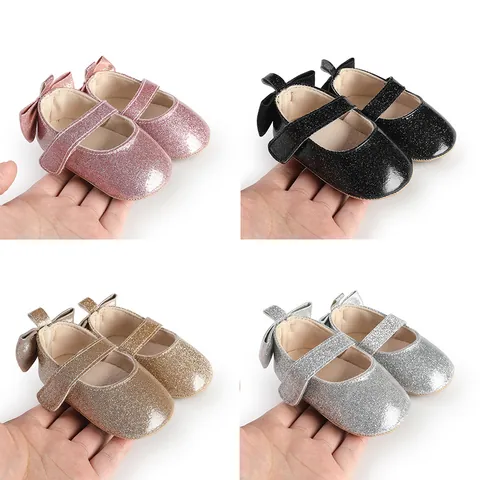 Baby Girl Mary Jane Pre-walker Shoes Synthetic PU Glitter Bow Soft Sole Newborn Infant First Walkers Hook And Loop Shoes