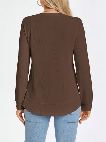 Dames Casual Wafelbreisel Lange Mouwen T-Shirt Ronde Hals Effen Kleur Gebogen Zoom Top Comfortabele Voorjaarskleding