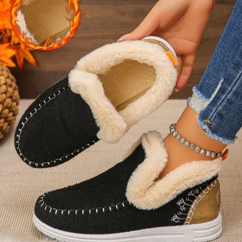Dames Sneeuwlaarzen Instapper Winter Katoenen Schoenen Warm Faux Bontvoering Verdikte Platte Zool Korte Laars Casual Outdoor Schoenen
