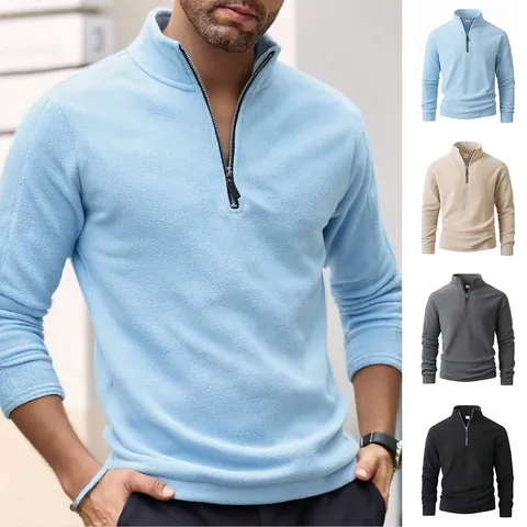 Men Half Zip Stand Collar Polar Fleece Sweatshirt Solid Color Long Sleeve Pullover Casual Loose Warm Polyester Top