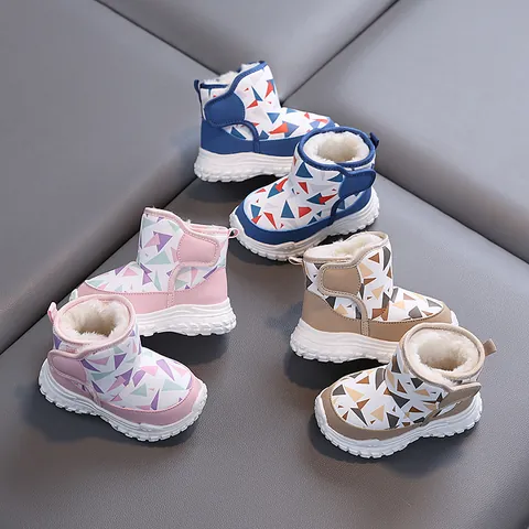 Toddler Kids Winter Snow Boots Microfiber Leather Faux Fur Lined Warm Non-slip Soft Sole Geometric Print Ankle Boots