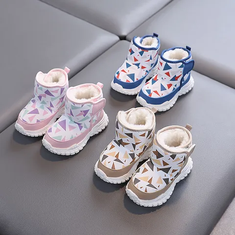 Toddler Kids Winter Snow Boots Microfiber Leather Faux Fur Lined Warm Non-slip Soft Sole Geometric Print Ankle Boots