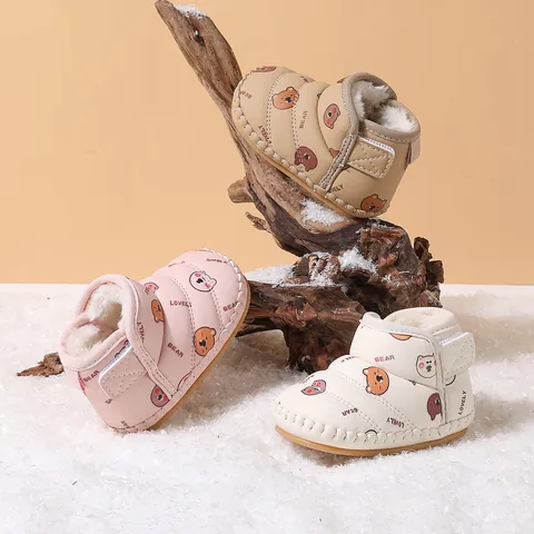Baby Winter Snow Boots Synthetic Leather Faux Fur Lined Cartoon Bear Pattern Soft Sole Infant Toddler First Walker Shoes