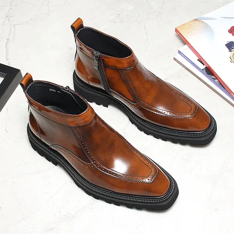 Men's Chelsea Boots Genuine First Layer Cowhide British Brogue Carved Pointed Toe Side Zip Height Increasing Ankle Boots