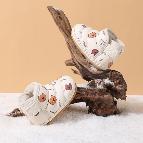 Baby Winter Snow Boots Synthetic Leather Faux Fur Lined Cartoon Bear Pattern Soft Sole Infant Toddler First Walker Shoes