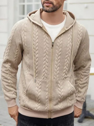 Men Casual Full Zip Hooded Sweatshirt Cable Knit Jacquard Pattern Solid Color Jacket With Pockets Top For Men Everyday Wear